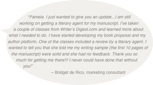 “Pamela. I just wanted to give you an update...I am still working on getting a literary agent for my manuscript. I’ve taken a couple of classes from Writer’s Digest.com and learned more about what I needed to do. I have started developing my book proposal and my author platform. One of the classes included a review by a literary agent. I wanted to tell you that she told me my writing sample (the first 10 pages of the manuscript) were solid and she had no feedback. Thank you so much for getting me there!!! I never could have done that without you!”                               -- Bridget de Rico, marketing consultant